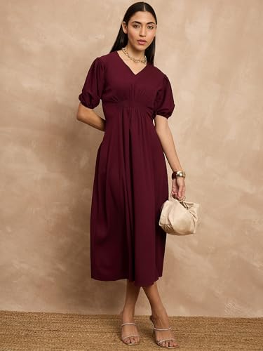 Image of Amazon Brand - INKAST Women A-Line Midi Dress | Puff Sleeves | Perfect for Casual and Semi-Formal Occasions