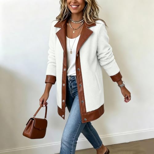 European Fall Outfits for Women Fluffy Hoodie Long Fleece Jacket Women Teddy Fleece Contrast Trim Coat Lapel Snap Button Fall Clothes for Women 2026 Abrigos De Mujer Elegantes Dresly Capsule Wardrobe - image 3