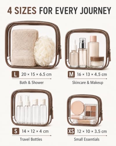 Image of LETGO TSA Approved Toiletry Bag - Clear Makeup Bag Waterproof Quart Size Bag, Travel Makeup Cosmetic Bag for Women Men, Carry on Airport Airline Compliant (Coffee, Pack of 4)