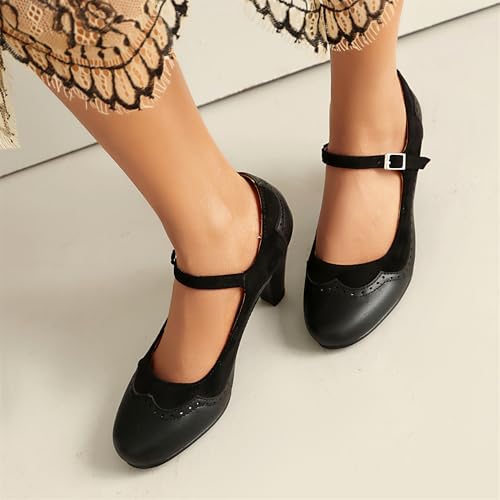 Image of Elerhythm Women's Mary Jane Classic and Retro 1920s Pump Heels Gatsby Oxford Pattern 1950s Pinup Vintage Round Closed Toe 1940s Ankle Strap Dress Shoes