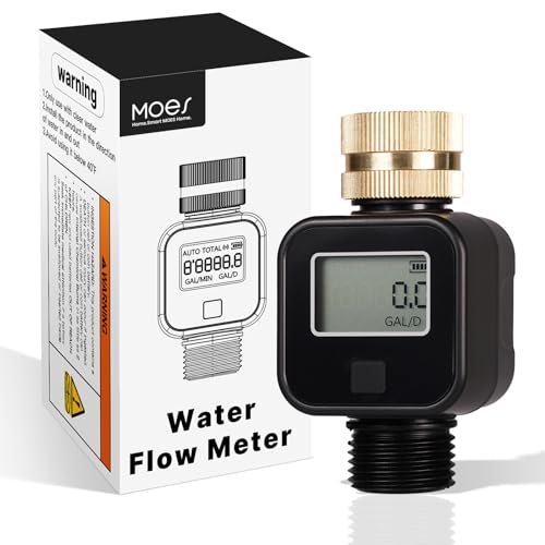 MOES Water Flow Meter with Brass Inlet Metal Thread, Measure Gallon/Liter Consumption and Flow Rate for RV Water Tank Filling, Outdoor Garden Hose Watering, Lawn Sprinkler and Nozzle Sprayer