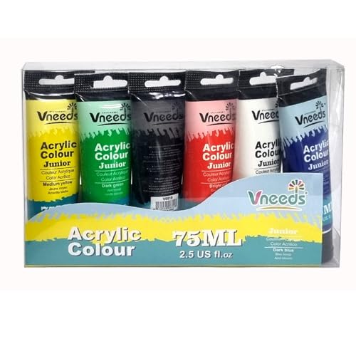Acrylic Paint Set 6 Vibrant Colors x 75ml Tubes Rich Pigment Quick Drying Non-Toxic Ideal for Artists Students & Hobby Painters Canvas Wood Fabric Paper Craft Use