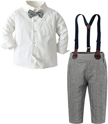 Baby Boys Clothes, Long Sleeve Button Down Dress Shirt with Bowtie + Suspender Pants for Boy, 7# White, Tag 120 = 3-4 Years