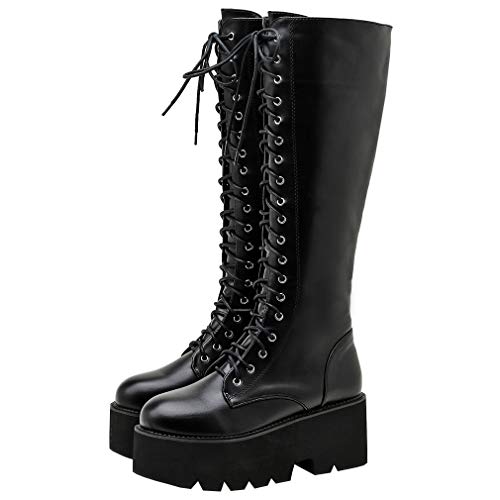 Image of Parisuit Women's Knee High Goth Platform Boots Lace Up Combat Boots