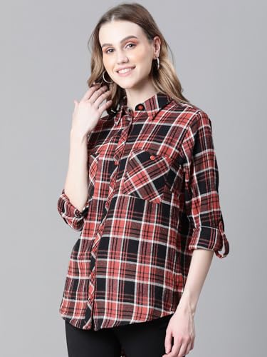Image of oxolloxo Women Check Print Collared Long Sleeve Cotton Shirt