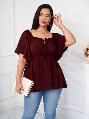 SCOMCHIC Women's Plus Size Blouse Summer Peplum Tops Short Sleeve Square Neck Ruffle Casual Blouses Babydoll Top Shirts2