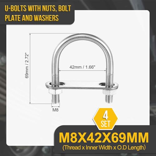 Image of DTGN M8x42x69mm U Bolts Round Kit - 4Set - 304 Stainless Steel U-Bolt Kit with Nuts, Washers, Frame Plate - Good for Pipe, Trailer, Automotive, Leaf Spring Fastener