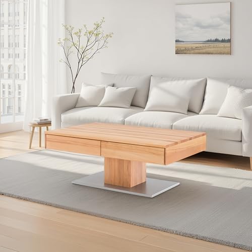 WOODLIVE DESIGN BY NATURE Massivholz Couchtisch rechteckig aus Kernbuche, geölter Wohnzimmer-Tisch, Beistelltisch inkl. Schublade, Tisch 110 x 70 cm