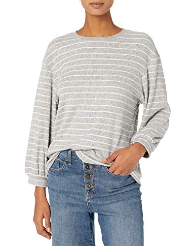 Amazon Brand - Daily Ritual Women's Cozy Knit Rib Blouson-Sleeve Sweatshirt, Heather Grey Marl/White Stripe, Large