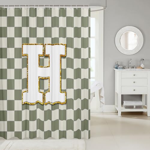 Image of Erosebridal Sage Green Checkered Bathroom Curtain Plaid Initial H Shower Curtain 72 inch Wx72 L Personalized Monogram Bathroom Accessories for Kids Adults,Fashion Grids Gingham Shower Decor