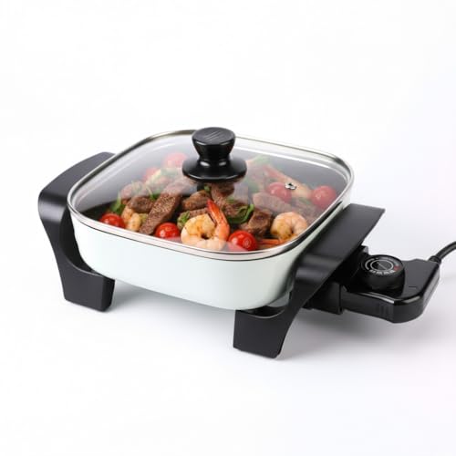 I-Keukenn 8' Electric Skillet with PFAS-Free Non-Stick Ceramic Coating, Removable Electric Frying Pan with Adjustable Temperature, Reversible Design, Tempered Glass Lid, Green