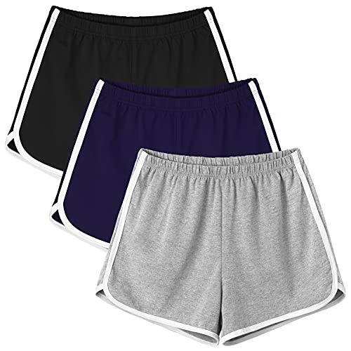 Motarto 3 Pack Women Cotton Sports Shorts Athletic Shorts Yoga Dance Summer Short Pants, Black, Light Gray, Navy, Medium