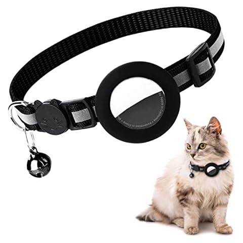 Airtag Cat Collar, Air tag Cat Collar with Bell and Safety Buckle in 3/8" Width, Reflective Collar with Waterproof Airtag Holder Compatible with Apple Airtag for Cat Dog Kitten Puppy (Black) Cover