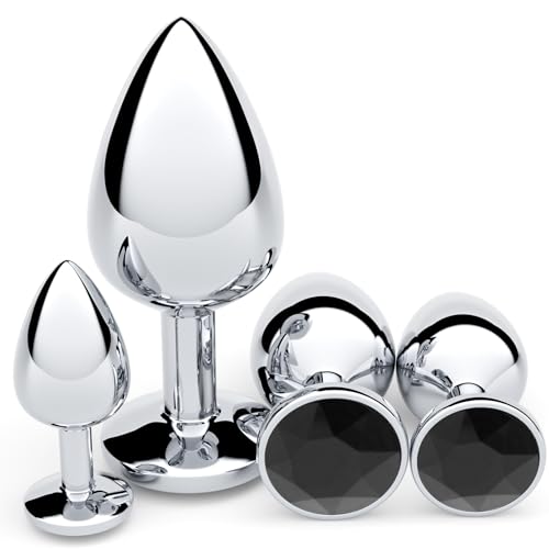 Anal Plug Beginner Set 4 PCS Stainless Steel Butt Plug Training Kit with Jewel Base Metal Anal Plugs for Gradual Training Wide Base for Safety & Secure Fit for Women & Men Couples