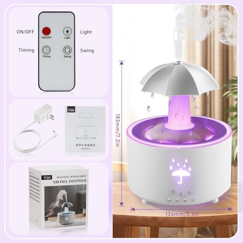 Umidificador para quarto, difusor de guarda-chuva giratório de 7 cores com efeito de chuva, umidific
