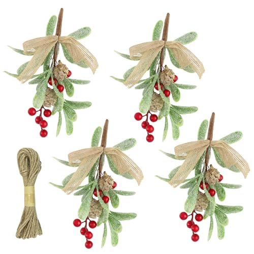 Vaskula 4 Pièces Branche de Gui 22 cm Tiges de Gui Artificielles avec Nœud Pins Baies Corde de Chanvre Guis à Paillettes pour Couronne de Noël Décoration...