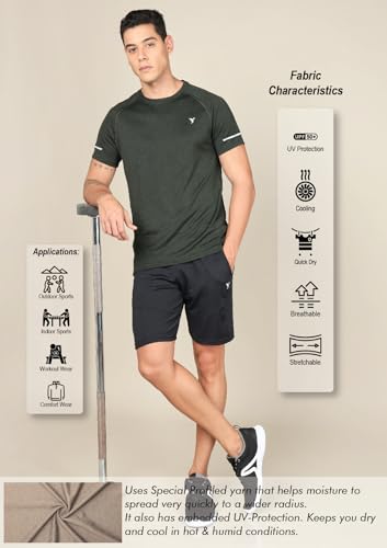 Image of TECHNOSPORT Men's Melange Slim Fit Round Neck T-Shirt Double Cool Raglan Sleeve Slip On Polyester for Gym Running Workout UPF50+ Anti Odour