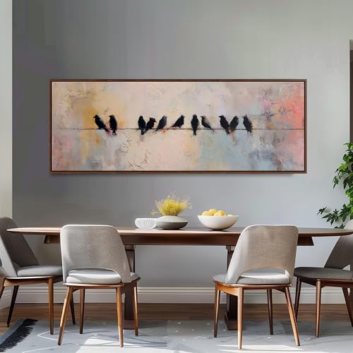 Oiseaux sur un fil peinture panoramique grand format mur nu