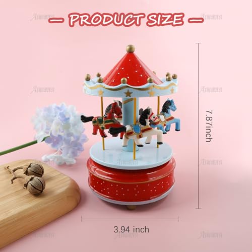 AUEAR, Vintage Pink Carousel Music Box Clockwork Mechanism for Birthday