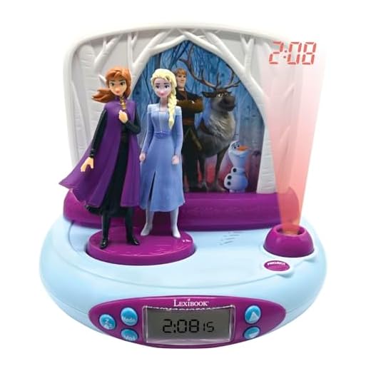 LEXiBOOK Disney Frozen 2 Elsa & Anna, Projector Alarm Clock with Sounds, Night Light, time Projection onto The Ceiling, Sound Effects, Battery-Powered, Blue/Purple, RP510FZ