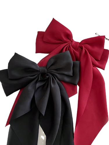 Image of FilterFashion Big Satin Layered Hair Bows for Women Girls 11.5 Inch Barrette Hair Clip Long Back Ribbon Bows French Style Hair Accessories (Maroon,Black)