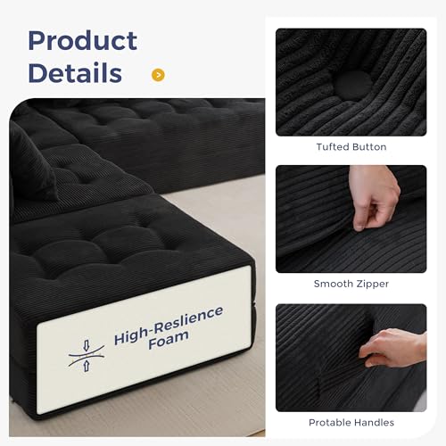 Image of MAXYOYO Modular Sectional Sofa Couch, Foldable U Shaped Cloud Couch with Pillows, Tufted 6-Seat Boneless Sofa Lounger for Living Room, No Assembly Required, Black