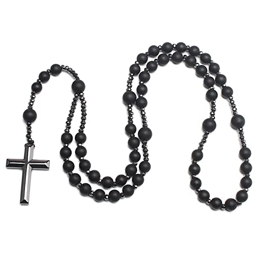 Tiger Eye Cross Necklace Black Obsidian and Hematite Christ Rosary Healing Crystal Necklaces with Cross Pendant Men Necklace Meditation Jewelry (Matte Black)