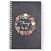 Hardcover Floral Wreath Things to Do 5.5" x 8.5" Faux Chalkboard Spiral Notebook/Journal, 120 Checklist Pages, Soft Touch Matte Laminated Cover, White Wire-o Spiral. Made in The USA