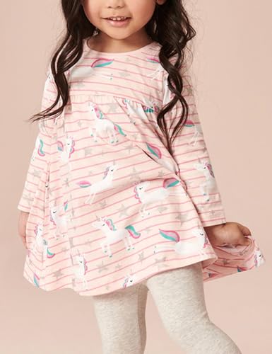 Image of Hongshilian Toddler Girls Longsleeve Dress Cotton Jersey Casual Dresses Cartoon Applique