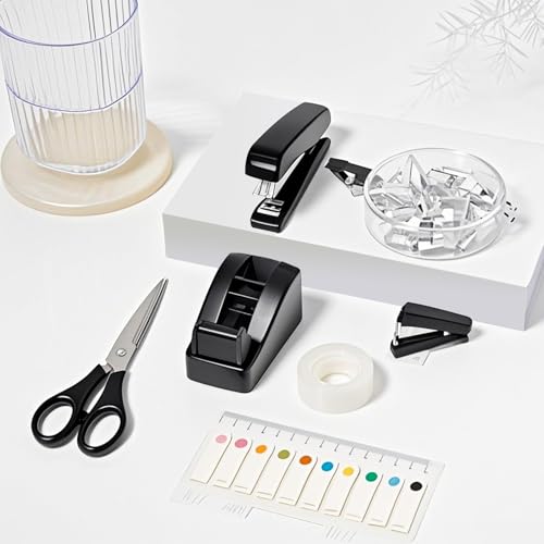 Bürobedarf Set,schreibtisch organizer,Büroartikel Set 10 Kit mit Tacker Büro,1000 Heftklammern,Klebebandhalter, Entklammerer, Schere, zwei Rollen Klebeband, büro zubehör (Schwarz)