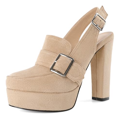 Image of Women's High Heel Loafers Platform Pumps Round Toe Heels Chunky Heel Pumps Stylish Comfortable 4.8 Inch Slingback Heels