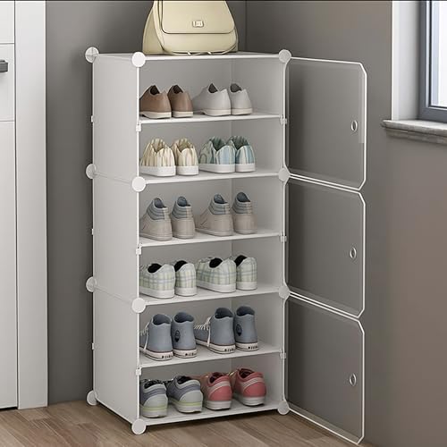 Image of AYSIS Plastic Shoe Rack for Home | 𝟔 𝐒𝐡𝐞𝐥𝐟 DIY Shoe Rack with Door 𝐌𝐚𝐠𝐧𝐞𝐭𝐬 for Home Storage Plastic Box Organizer, Metal Door Frame, Chappal Slipper Sandals Stand (White, 6-Shelf-3-Door)
