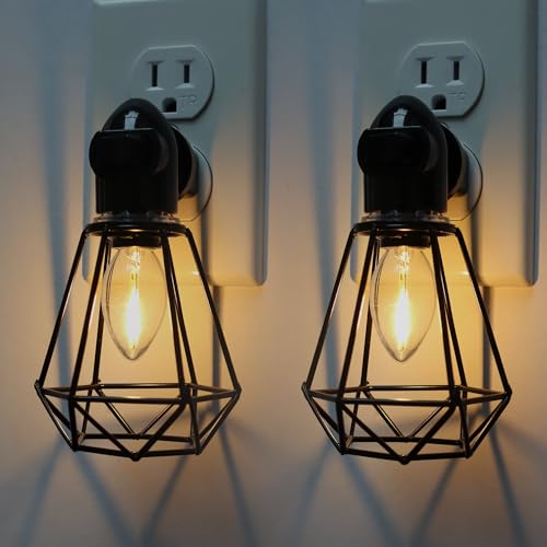 Image of Industrial Plug in Night Light with On Off Switch, 2-Pack Farmhouse LED Night Lights Plug into Wall Socket, Baby Nursery Nightlight with Vintage Lamp Shade for Adult Kids Room Bathroom Hallway