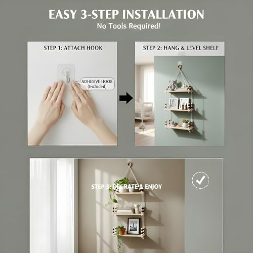 Image of 3Tier Hanging Shelf with Magic Hook, Use Decor Plants, Books, Decorative Gift Items Nursery Livingroom Wooden Beads & Ring Woven Bohemian Chic for Dorm