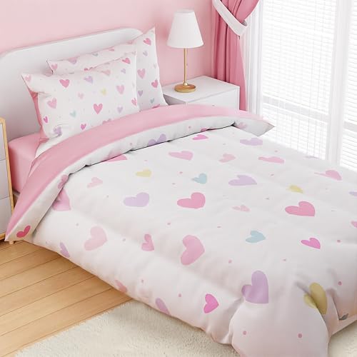 Image of SANDJEST Heart Comforter Set Full Size 98x86in for Kids Girls, Microfiber 4 Pcs Bedding Set Includes 1 Comforter, 2 Pillowcases, 1 Fitted Sheet, Nursery Room Decor
