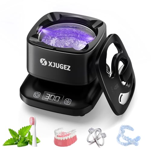 XJUGEZ Limpiador Ultrasonidos, 42KHZ Ultrasonidos Limpieza 24W 180ML Lámpara UV Ultrasonic Cleaner Portátil Limpiador Ultrasónico Eficiente de 360° para Dentaduras Retainer Férula Dental Joyas, Negro