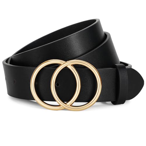 JasGood Damen Ledergürtel Mode Doppel O-Ring Schnalle Gürtel für Jeans Hosen Kleider,Schwarz/Goldene Schnalle,100cm