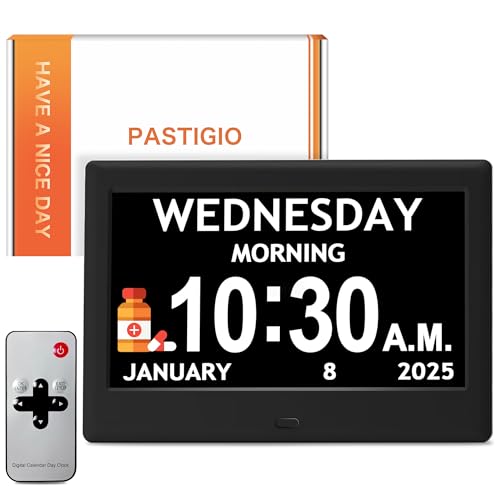7'' Digital Clocks, 12 Reminders & 6 Alarms, Dementia Clock with Date and Time for Elderly, Auto-Dimming, Button & Remote Control, Auto DST, Digital Calendar for Seniors Large Display, Black Woodgrain