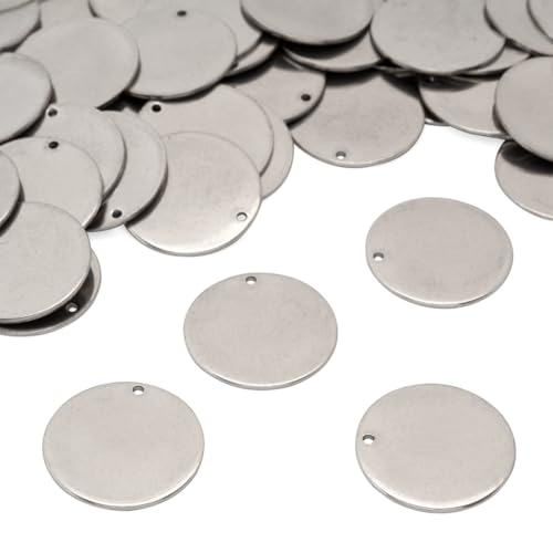 Pandahall 50pcs 304 Stainless Steel Blank Stamping Message Word Tag Pendants Flat Round Charms for DIY Jewelry Making 0.9 Inch in Diameter