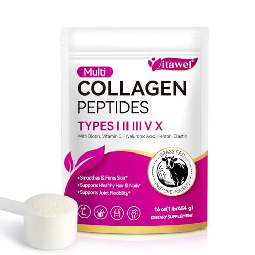 Multi Collagen Peptides Powder Type I II III V X with Biotin Vitamin C Hyaluronic Acid Supports Healthy Joint Hair Skin & Nail Support Grass-Fed Non-GMO 16oz