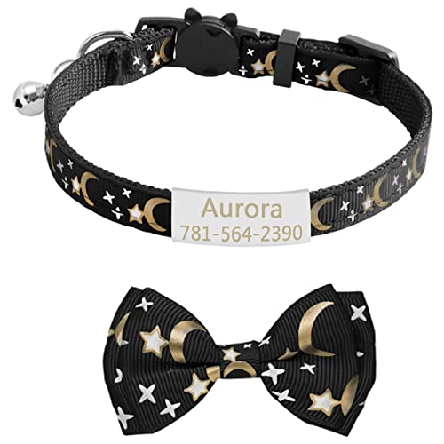 CAMAL Personalized Cat Collar with Stainless Steel Pet Id Tag & Cute Bow Tie, Moons & Stars Pattern Breakaway Cat Collar with Bell for Cat Puppy, Adjustable Kitten Collar 7.4