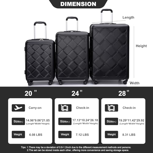 Hardshell Suitcase Sets with Spinner Wheels, ABS Luggage Sets with Bags, 8-Piece Set(20/24/28+portable handbag + 4 pieces storage bag set) (Black)2