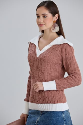 Image of Sweaters for Women Fashion Long Sleeve Lapel Collar V Neck Casual Knit Color Block Pullover Sweater