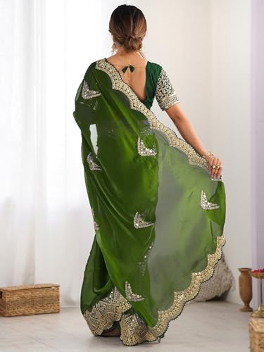 Image of Satrani Women's Tissue Silk Sequin Embroidery Scalloped Border Saree with Unstitched Blouse Piece