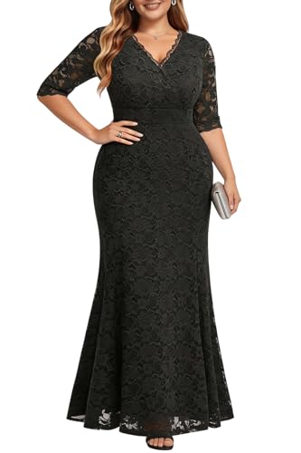Image of Pinup Fashion Plus Size Formal Evening Dress Wedding Guest Bridal Gowns | Floral lace, wrap v-neck, 3 /4 sleeves, empire waist, mermaid floor length, side zipper