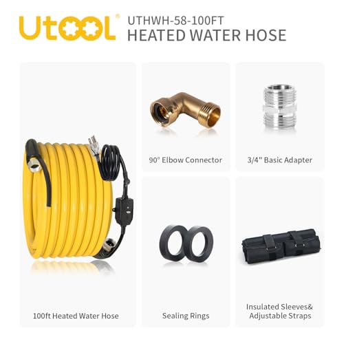 Image of UTOOL 100 FT Heated Water Hose for RV Camper with 90 Degree Elbow, NSF 372 Drinking Water Certified Garden Hose, Automatic Thermostat Antifreeze Protection to -40F, 5 /8 inch ID, 3 /4 inch GHT Adapter