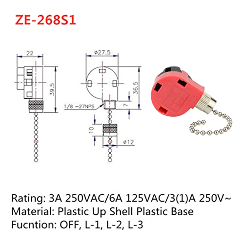 Image of Zing Ear ZE-268S1 3 Speed 4 Wire Ceiling Fan Switch Replacement, Pull Chain Control, Nickel, 2PCS