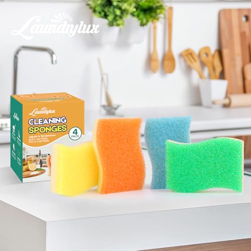 Image of LAUNDRYLUX Scrub Sponge, 4 Pack Dual-Sided Temperature-Responsive Scrubber - Non-Scratch - Multipurpose Dish Sponges for Kitchens, Bathrooms, and Outdoor Use - S Shape