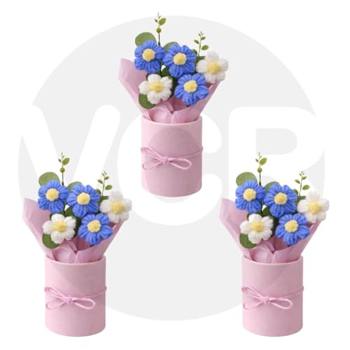 Image of VCR Handmade Blue Crochet Bouquet- Pack of 3 - Hand Woven Knitted Artificial Hand Knitted Bouquet Flower for Office Desk, Table, Car, Bedroom, Wedding & Special Occasions