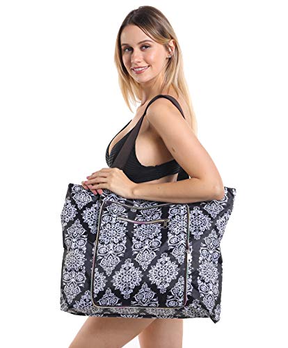 Women Beach Tote Utility Bag With Zipper, Black Mandala Boho Foldable Cute Large Swim Pool Waterproof Bag For Travel, Gym, Yoga, Mom In Law Female Friend Sister Wife Girlfriend Good Gift #TOP1